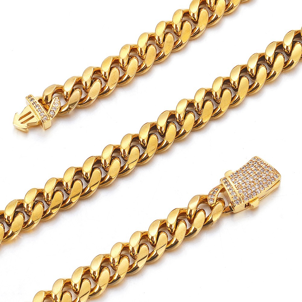 8mm Gold Stainless Steel Curb Cuban Link Chain Necklace with Bling CZ Clasp 60cm