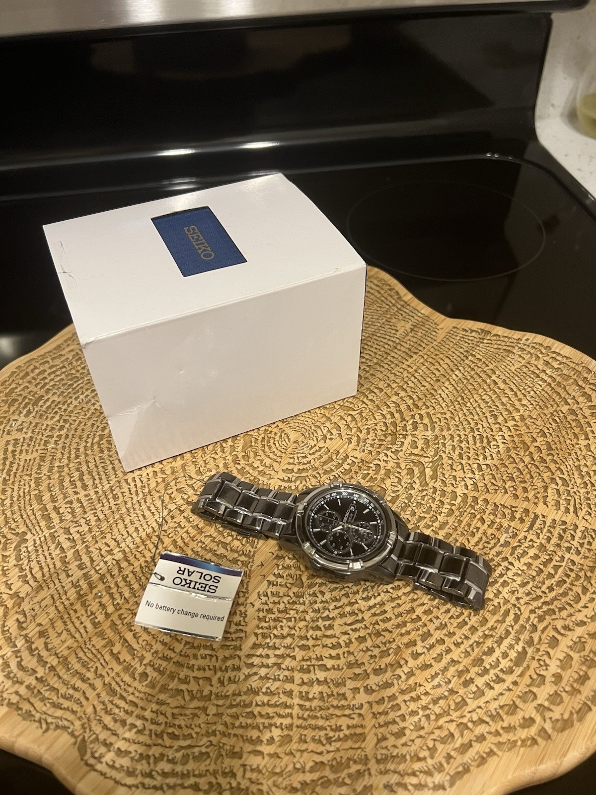 Seiko Solar Chronograph Watch Black Dial Date Alarm SSC143 New In Box