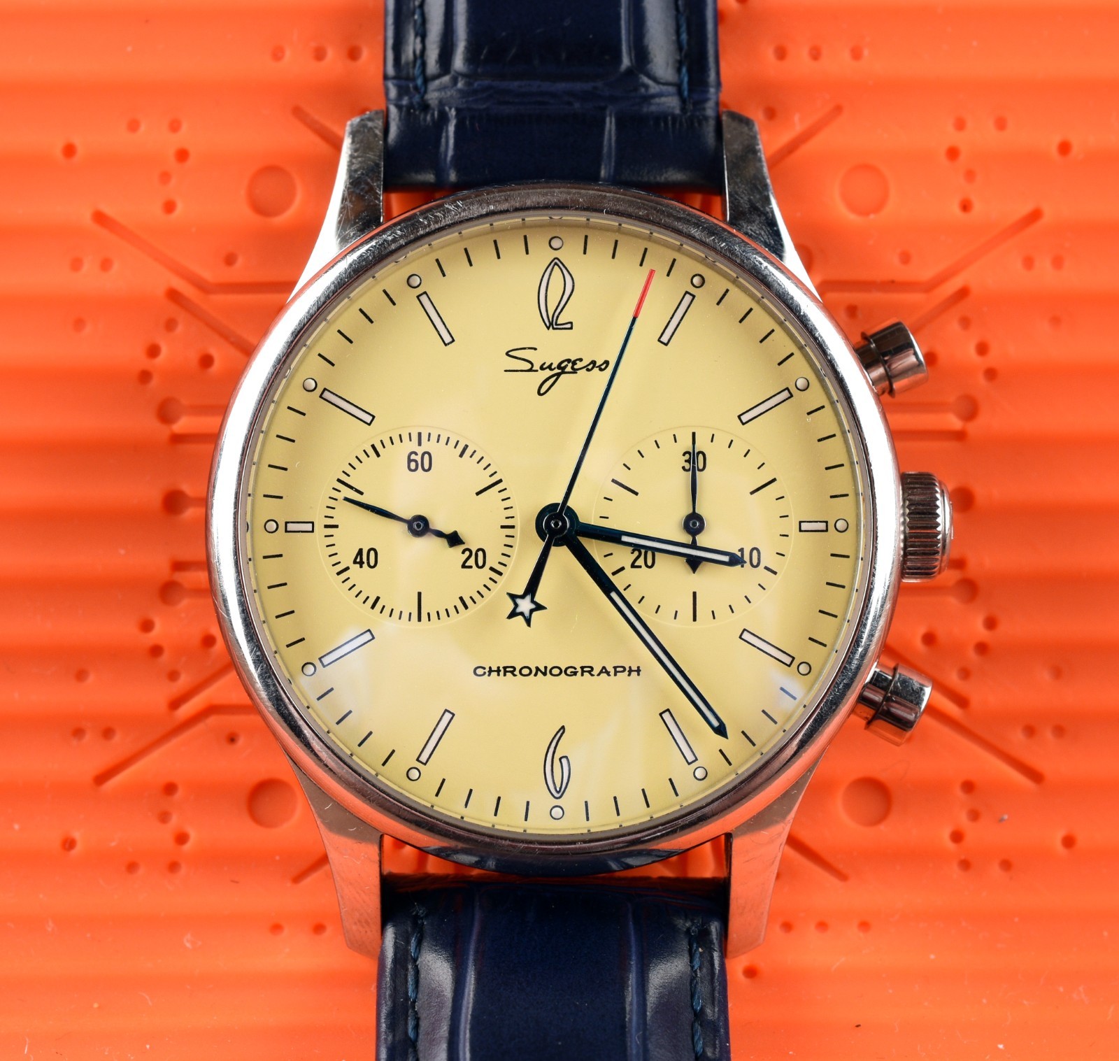 *Sugess Chronograph Mechanical II ST1901 Stainless Steel, Navy Leather Bracelet