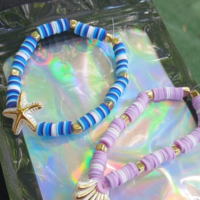Multicolor Stretch Beaded Charm Bracelet, Beach Theme, Round Beads, Dangle Charm