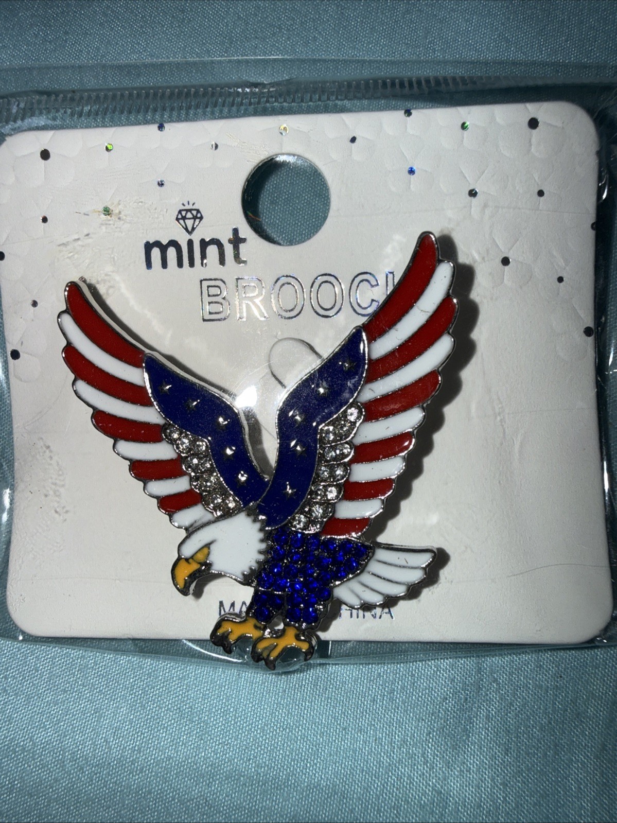 Silver Plated Red White & Blue Rhinestone Crystal Eagle Pin Americana Patriotic