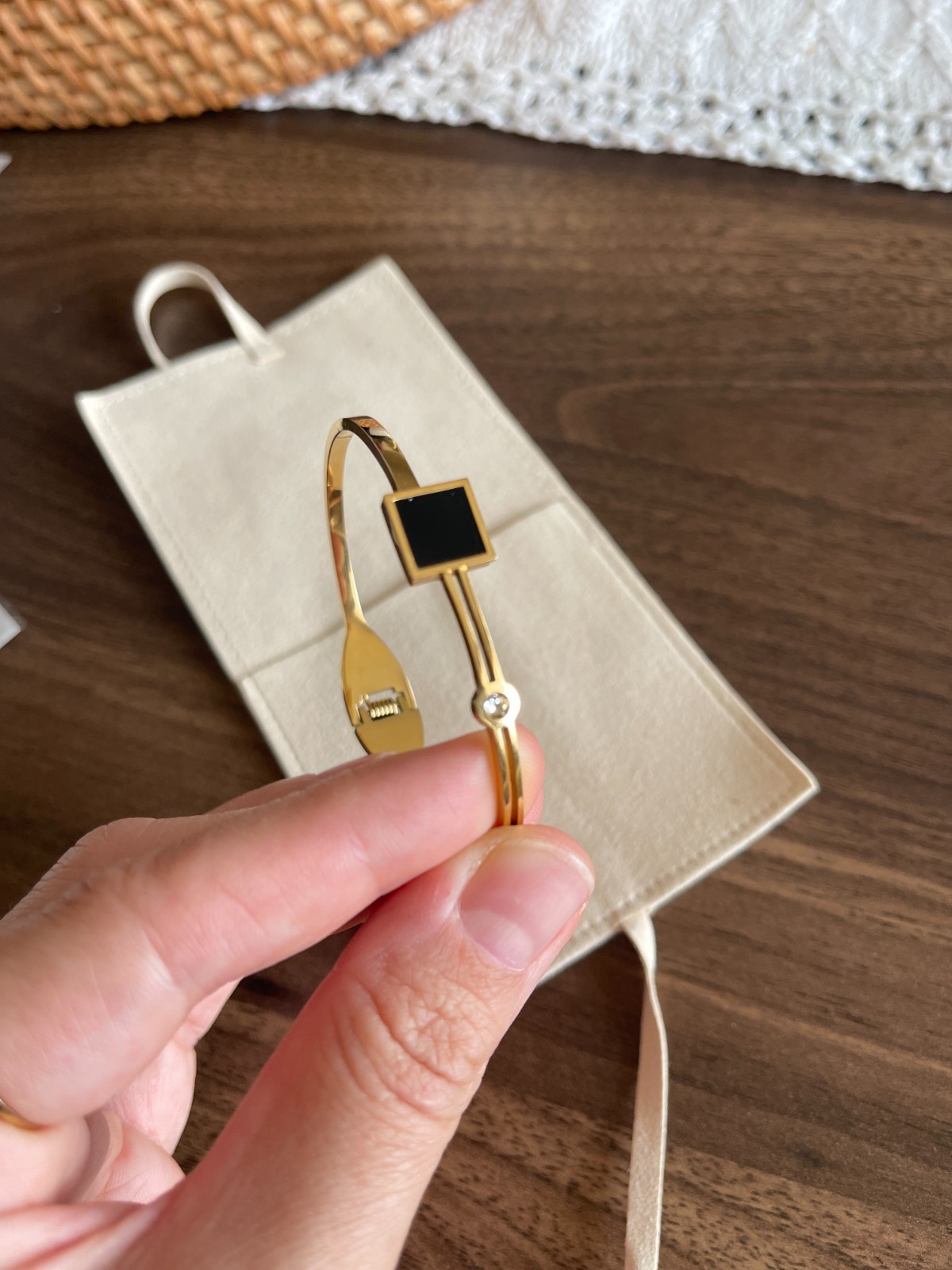 Golden Bangle bracelet with black square accent