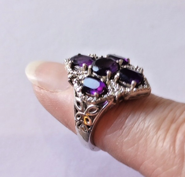 Vintage STS Karis Gothic Cross Amethyst Ring,Silver Tone Cocktail Ring Size 6.5