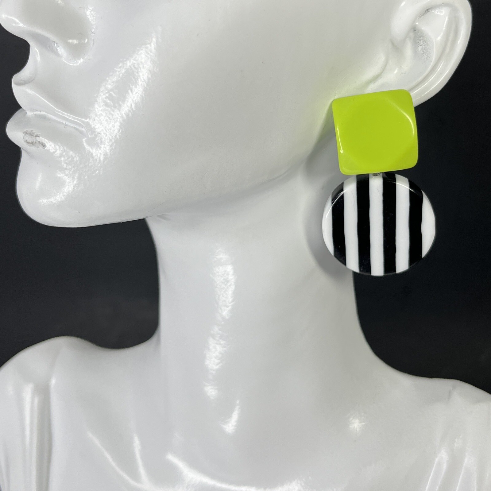 Layered Lucite Stripe Earrings Black White Lime Green Pierced Post Modern Art