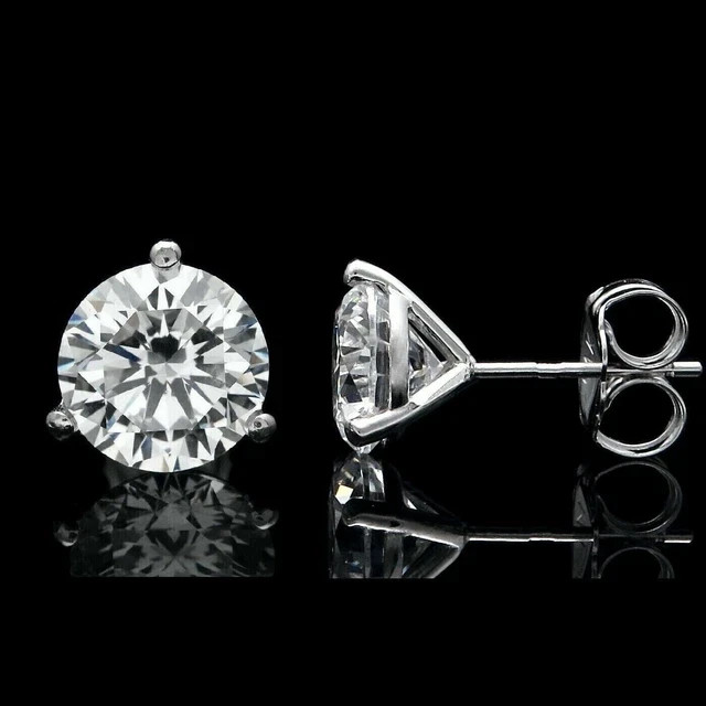 2Ct Real Moissanite Solitaire Round Cut Stud Earrings 14K White Gold Plated