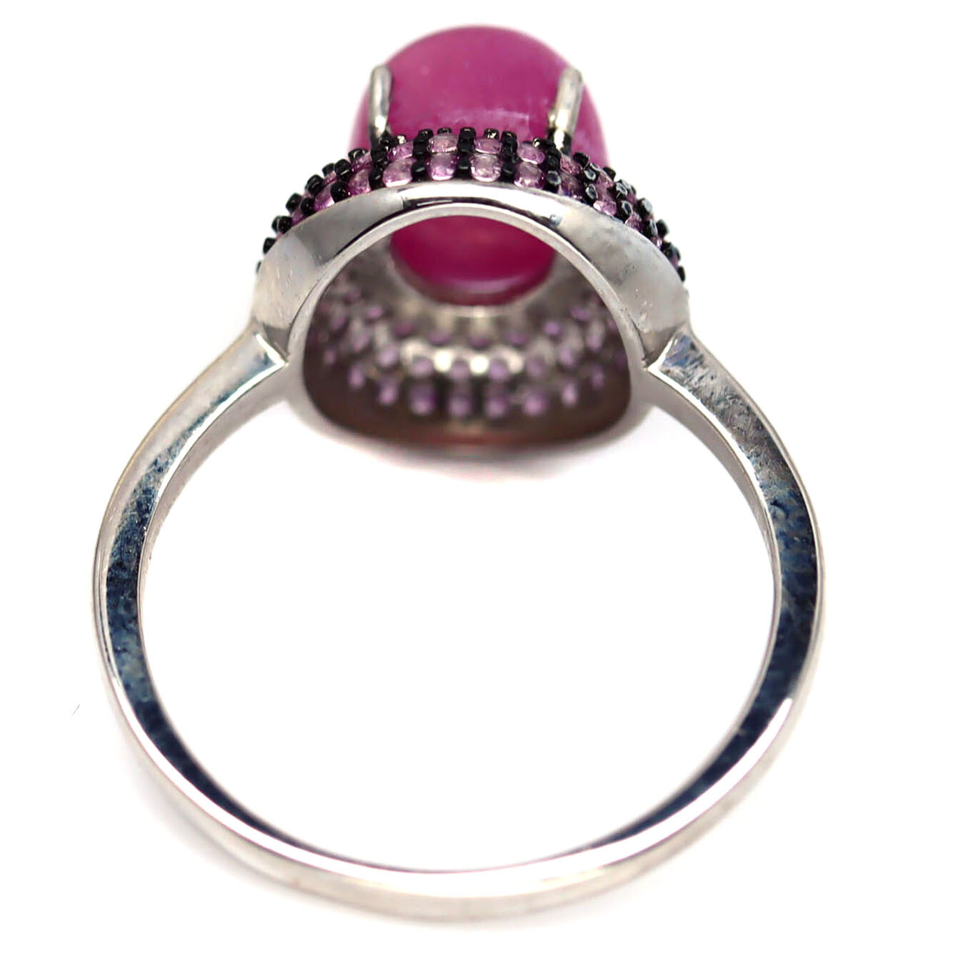 Large Pink Ruby Cabochon Ring Sapphire Halo 925 Silver Statement Size 9