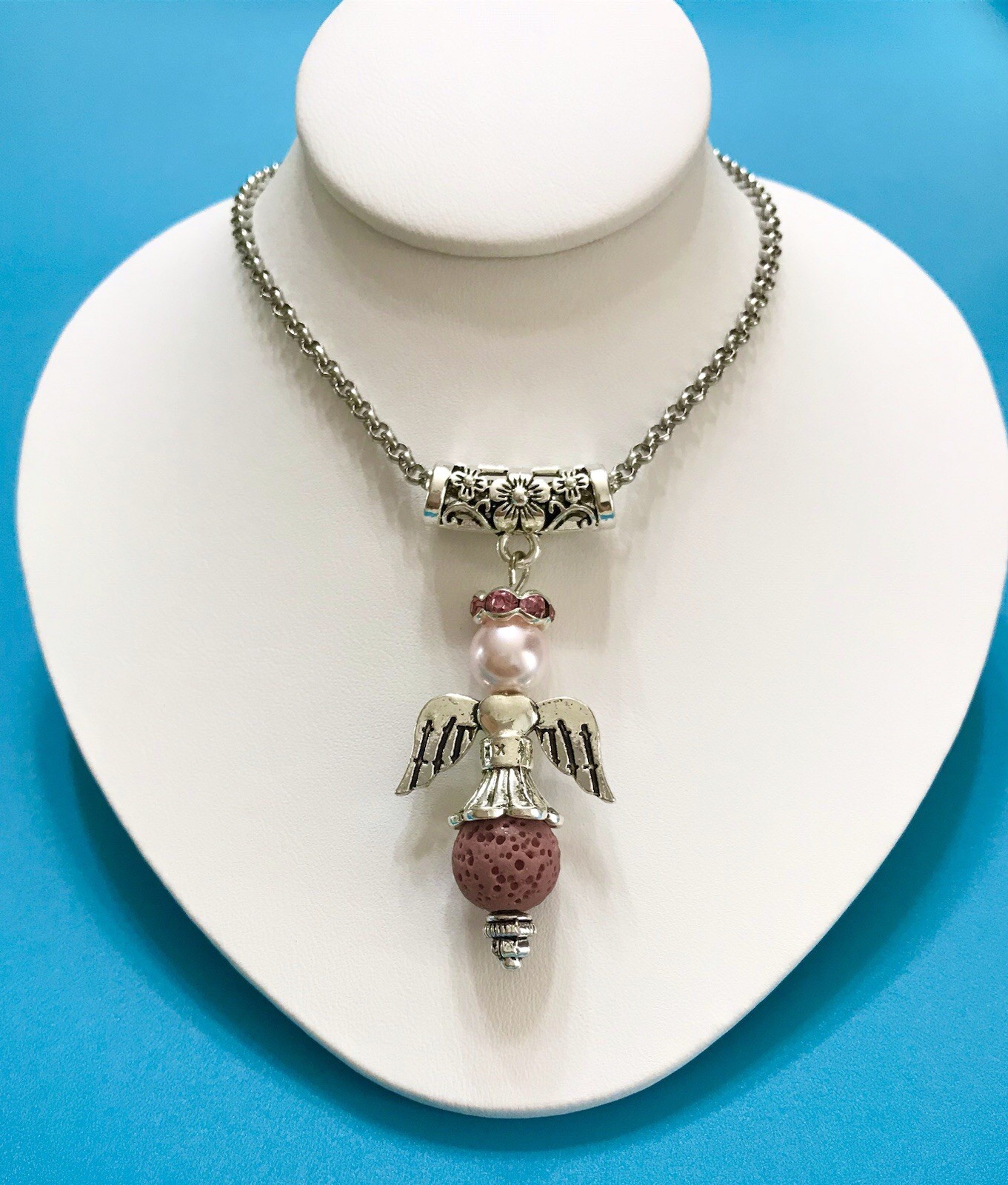 Handmade Diffuser Angel Wing Mauve Lava Bead Pink Glass Pearl Pendant Rolo Chain