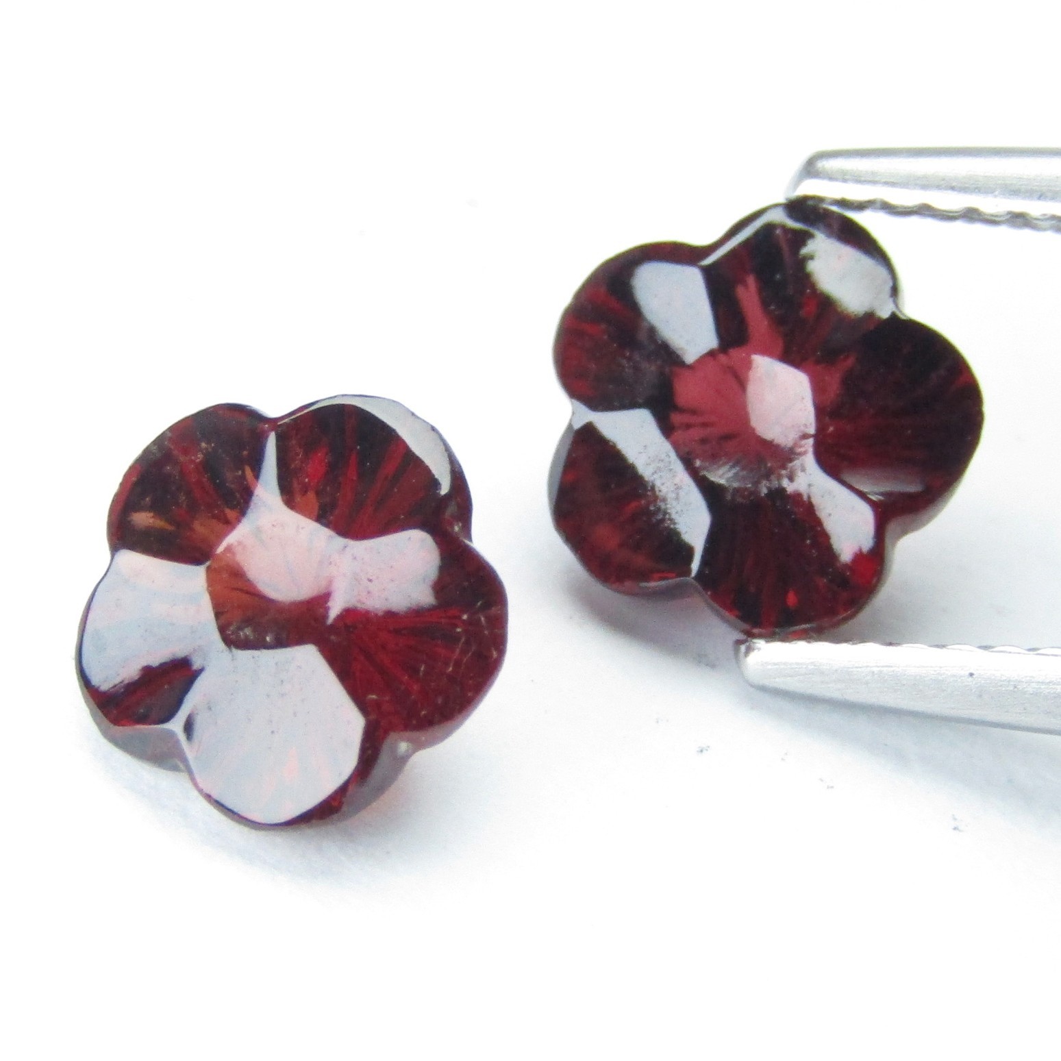 3.78Cts Nice Natural Almandine Garnet 7.8mm Flower Shape Carving Matching Pair