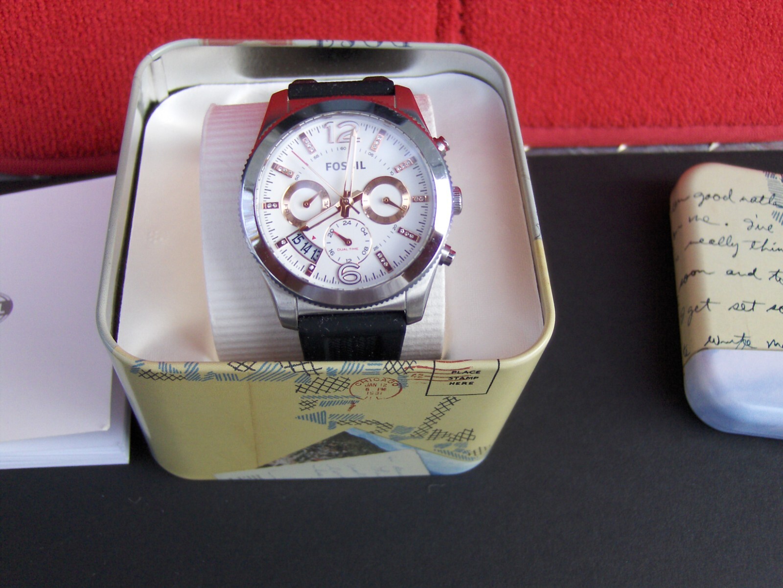 FOSSIL ES 4250 BOYFRIEND 3 EYE CHRONOGRAPH SWAROVSKI CRYSTAL MARKERS DATE WINDOW