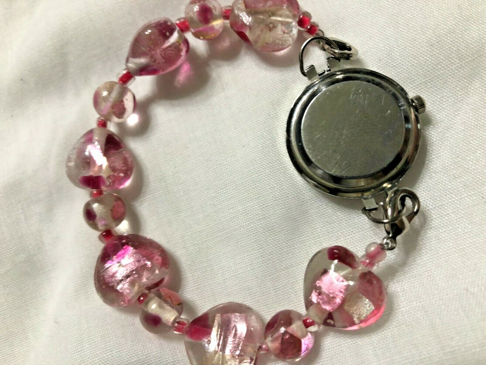 Watch w rose pink glass acrylic bracelet band approx 6 inches