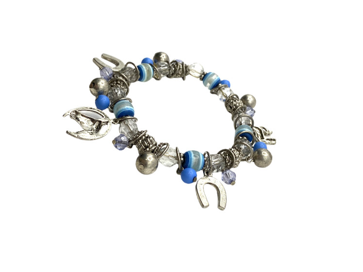 Blue-Clear Beaded Stretch Horse Horseshoe Charm Bracelet Silver Tone Equestrian