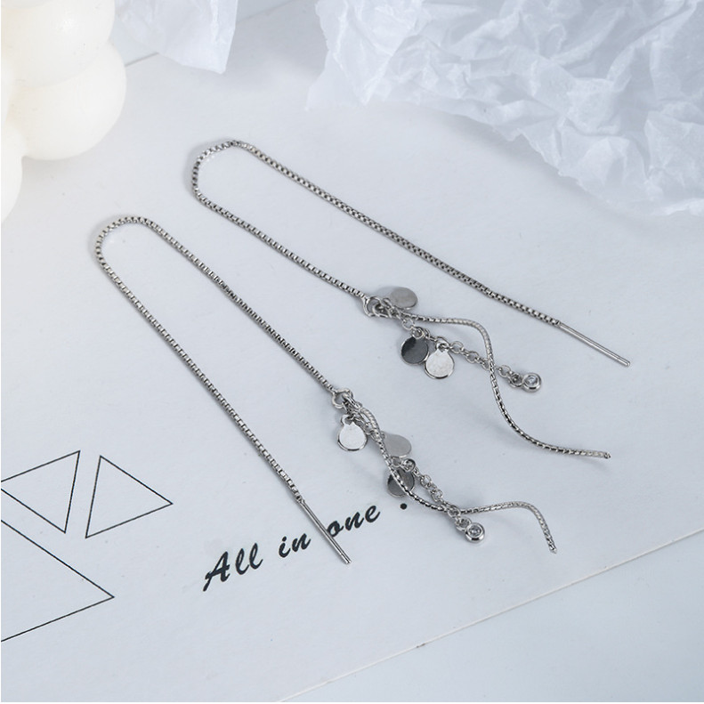 Women 925 Silver Tone Tassel Threader Disc Dangle Drop Pull Earrings Fashion I48