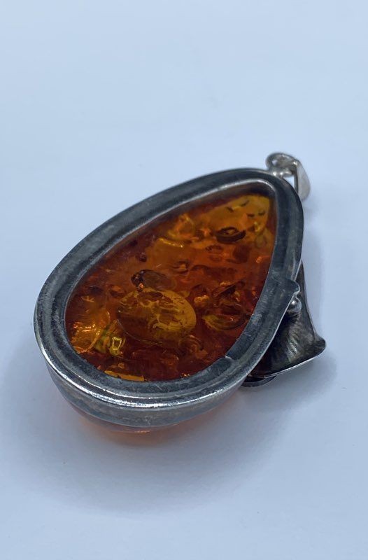 Sterling Silver 925 Cognac Amber Teardrop Pendant Floral Calla Lily 2.75″ 28.5g