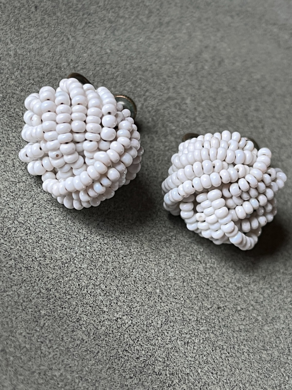 Vintage Tiny Glass White Bead Knot Screwback Earrings – 0.75 x 5/8th’s inches –