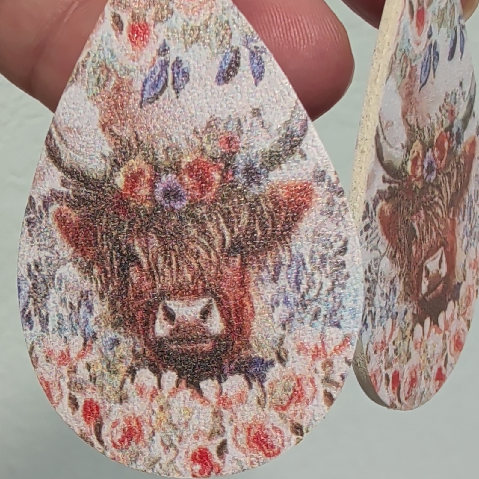 Multicolor Wood Highland Cow Print Teardrop Dangle/Drop Hook Earrings