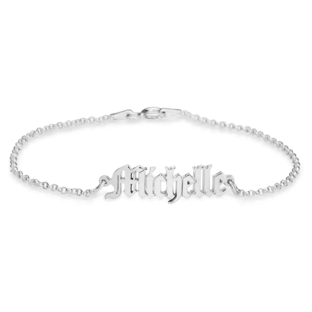 Personalized Bracelet Old English Name, Sterling Silver Gothic Rolo Chain Gift