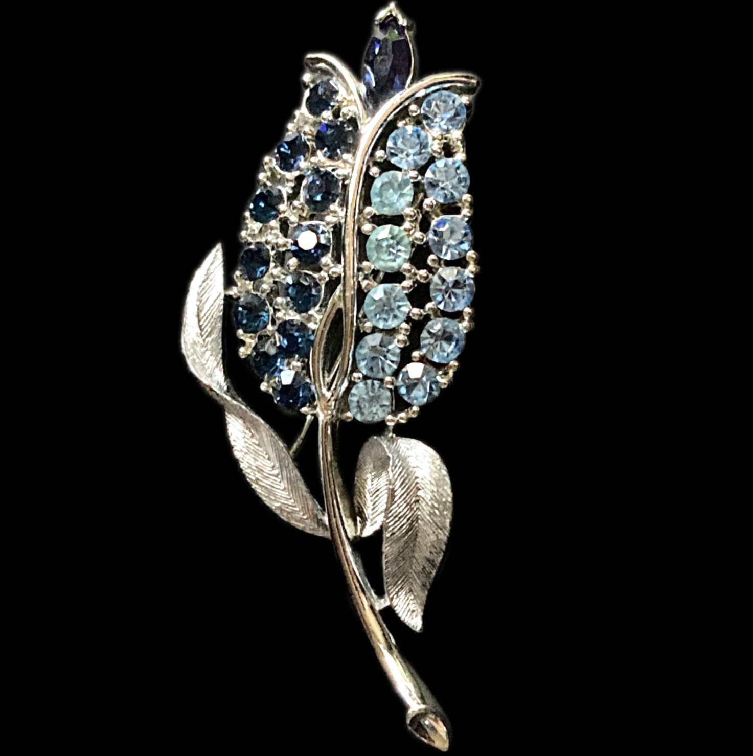 Vintage Lisner Tulip Brooch – Blue Rhinestones Silver‑Tone Signed Post‑1955