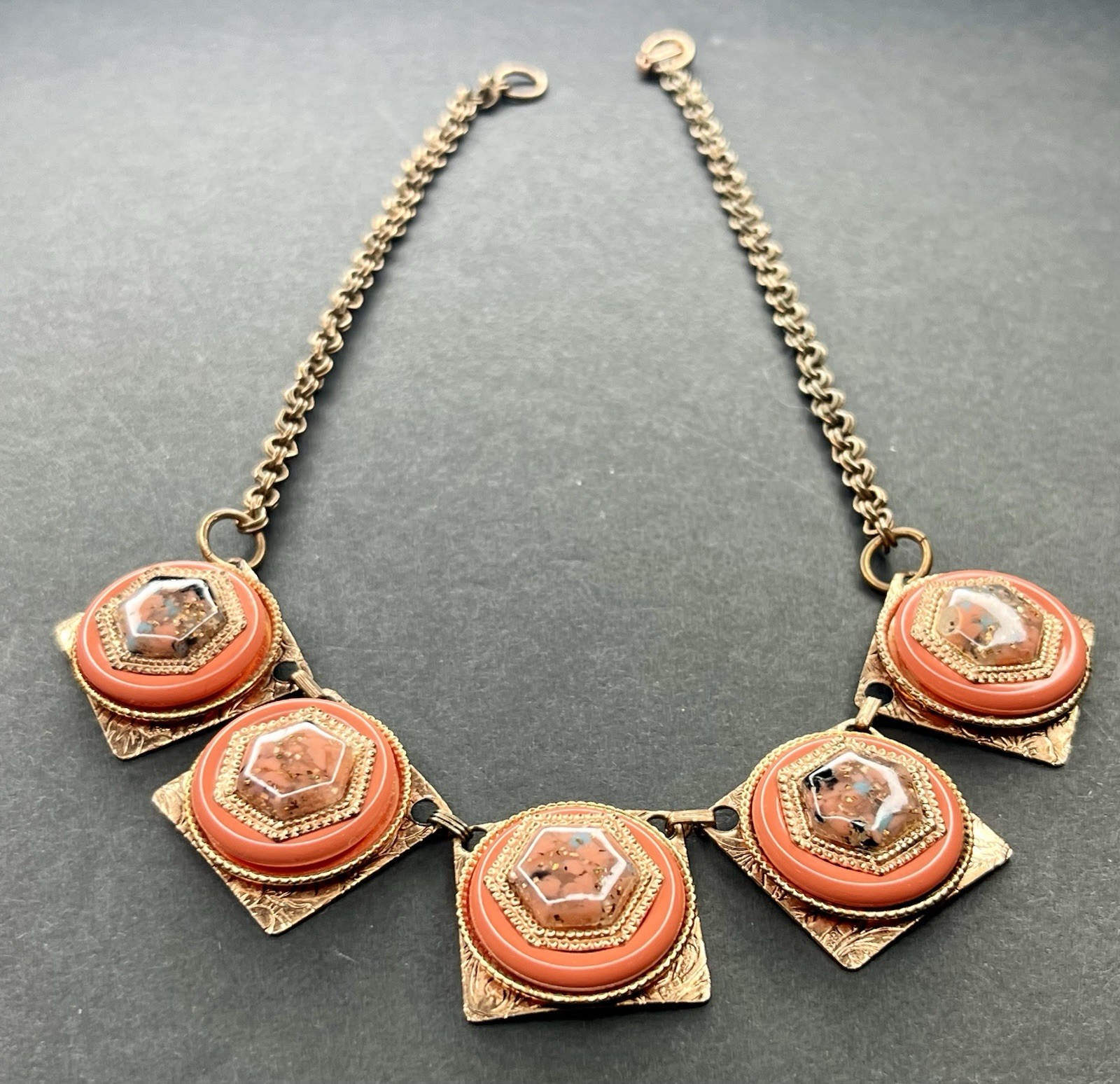 Vintage Blood Orange Enamel Embossed Etched Brass Inlay Woman’s Tile Necklace