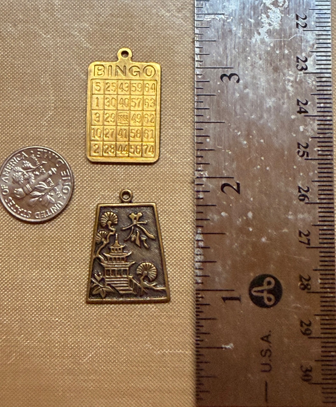 Vintage Brass Novelty Charms Bingo Card or Asian Pagoda Pendant Charm NOS Choose