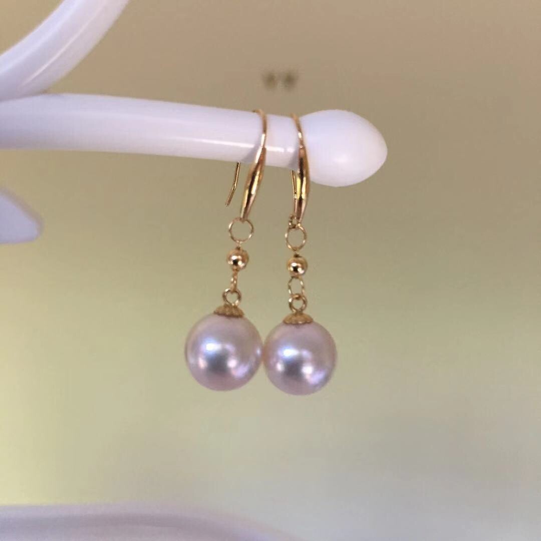 KG62 8.5mm Lovely Japanese Seawater Akoya Fairy Pearl Earring 18K Gold 31mm