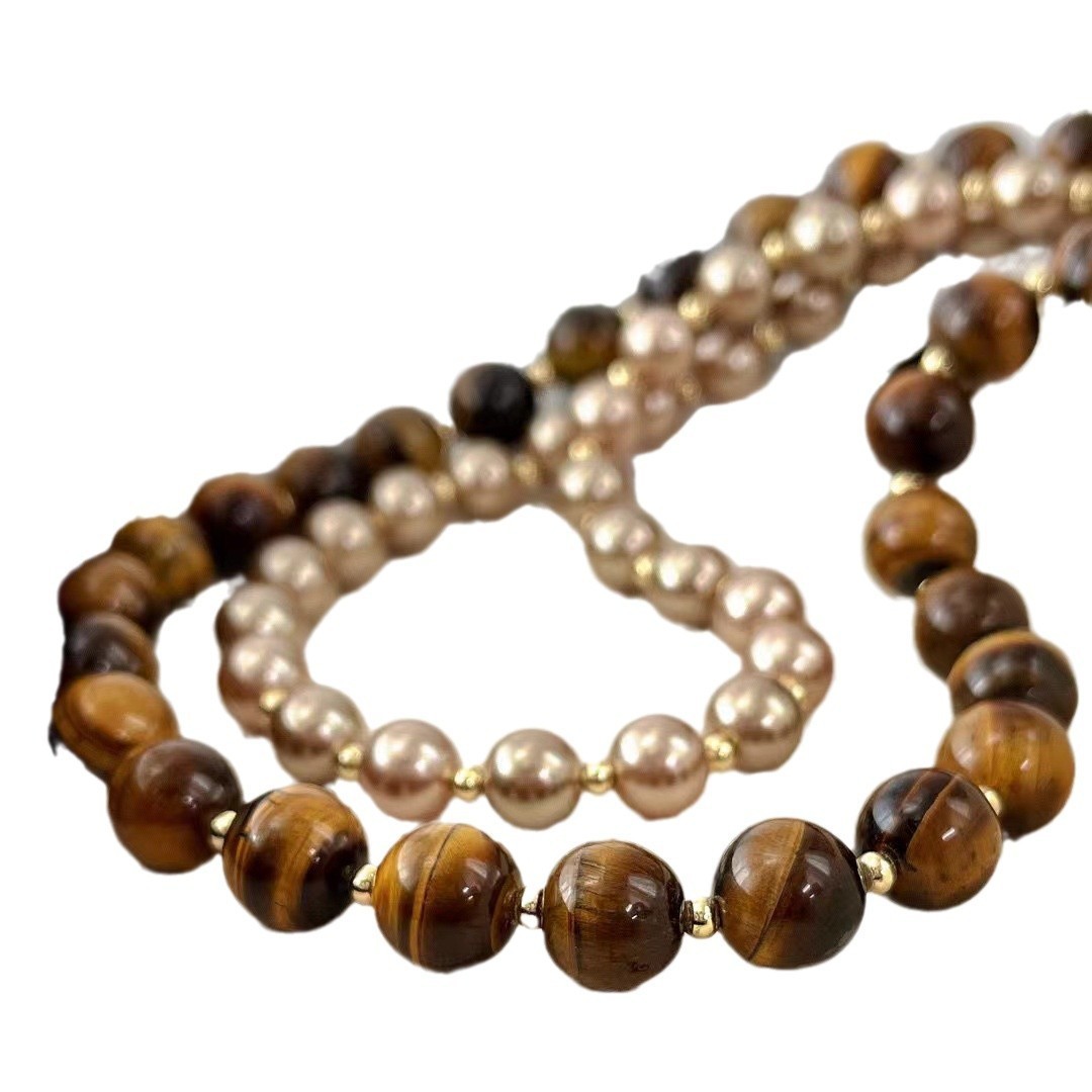 Meirade Style 8+10mm/0.32+0.39in Tiger’s Eye Double-Layer Pearl Necklace