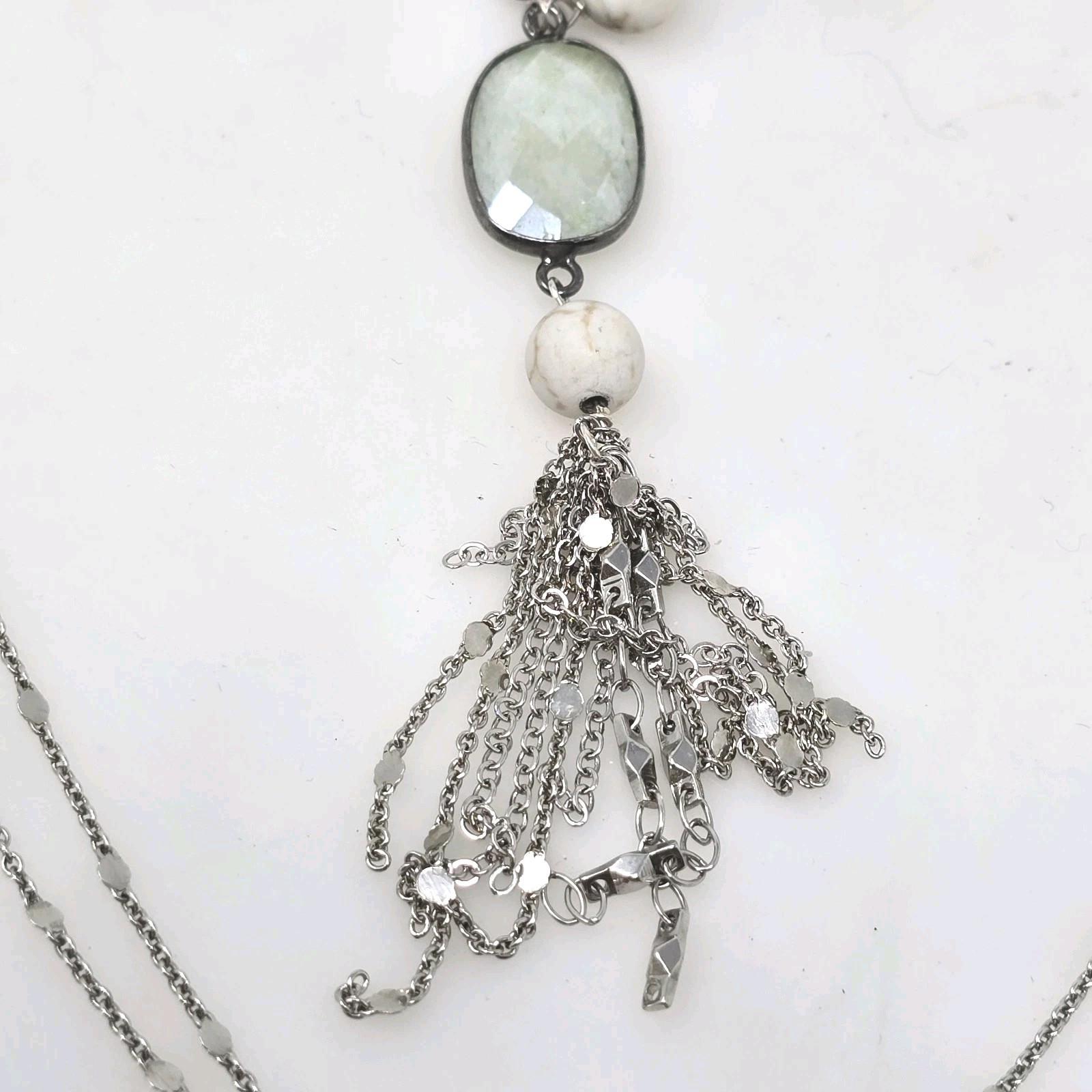 AMJ 34″ Beaded Tassel Necklace Faceted Crystal Pendant Silver Tone Long