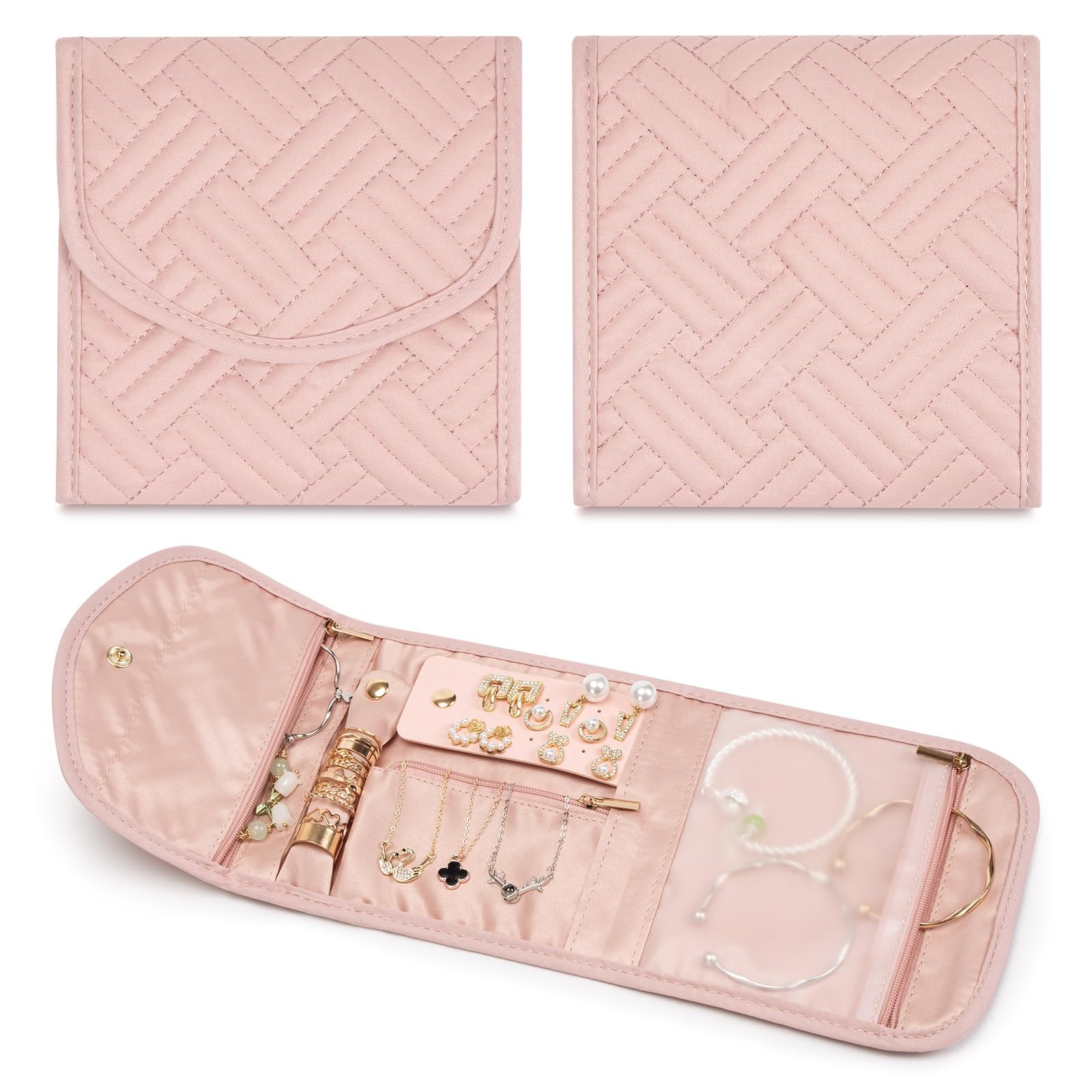Amrules Travel Jewelry Roll Organizer Bag Foldable and Anti-Lost Small, Pink
