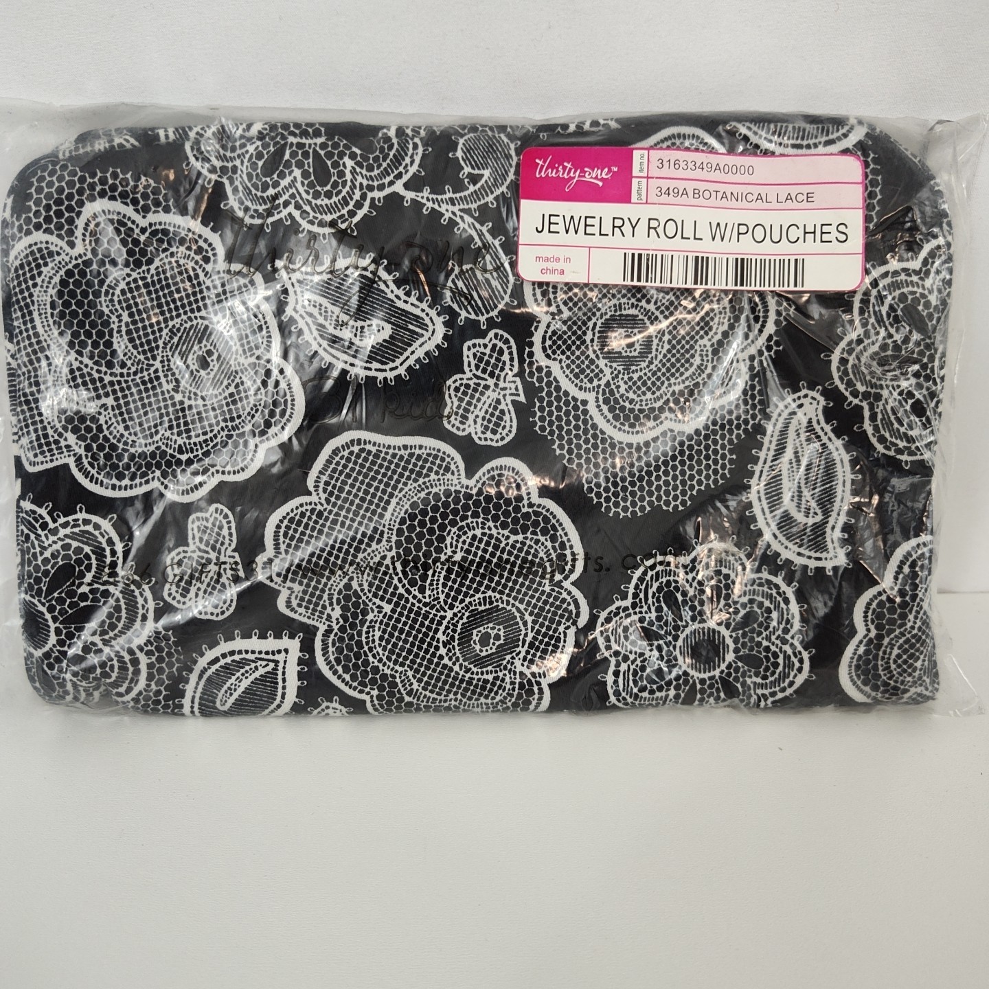 New Thirty One Jewelry Roll w Pouches Botanical Lace Black White