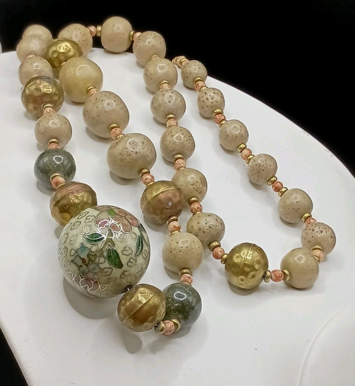 Vintage Chinese Export Cloisonne Floral Beaded Necklace Clay Brass 32” Long