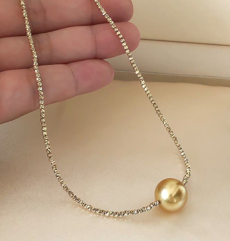 Natural 13.9mm South Sea Golden Pearl Necklace, Sunset Deep Gold with 18K Gold