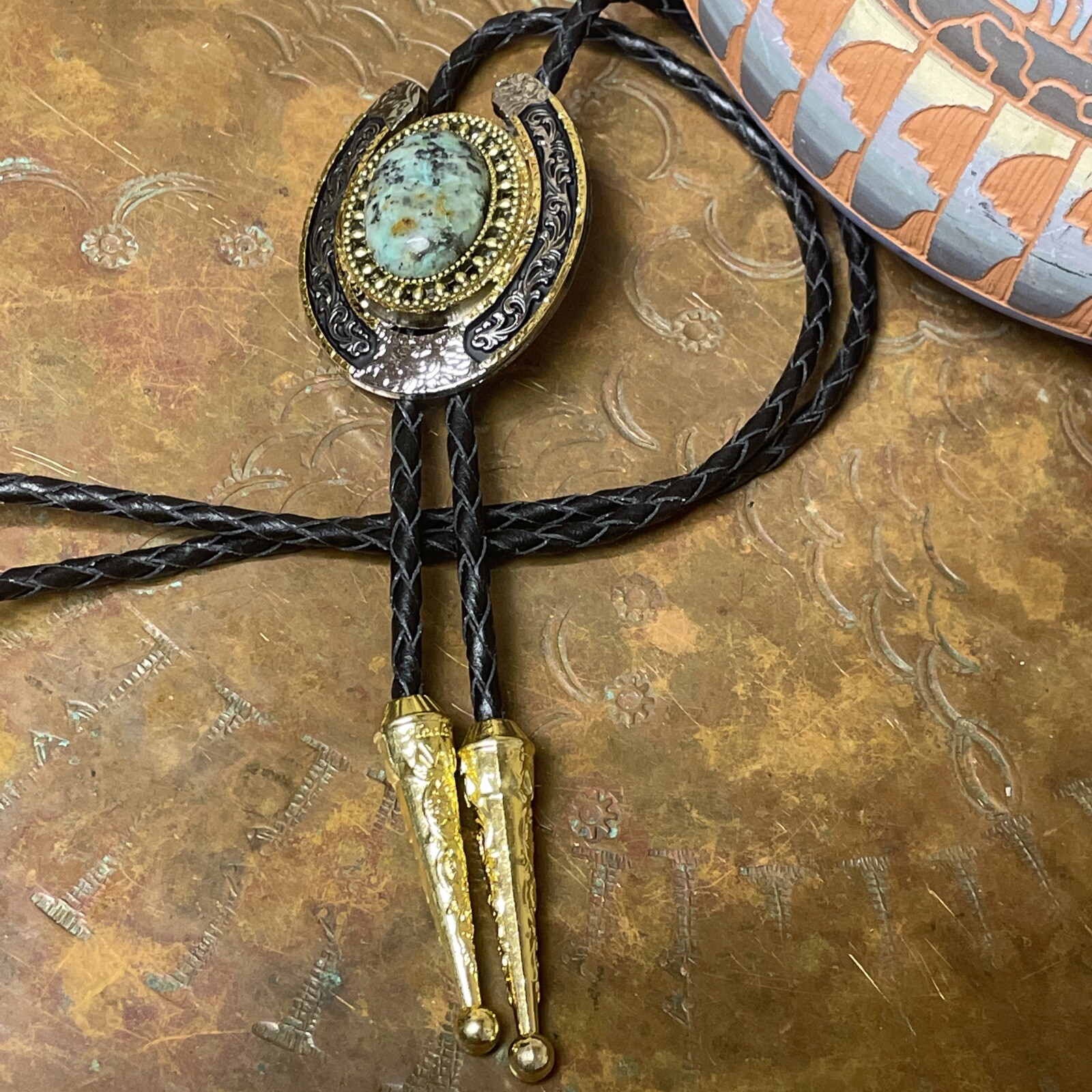 Southwest Tulsa Bolo Tie King African Turquoise Silver Gold Horseshoe Spring