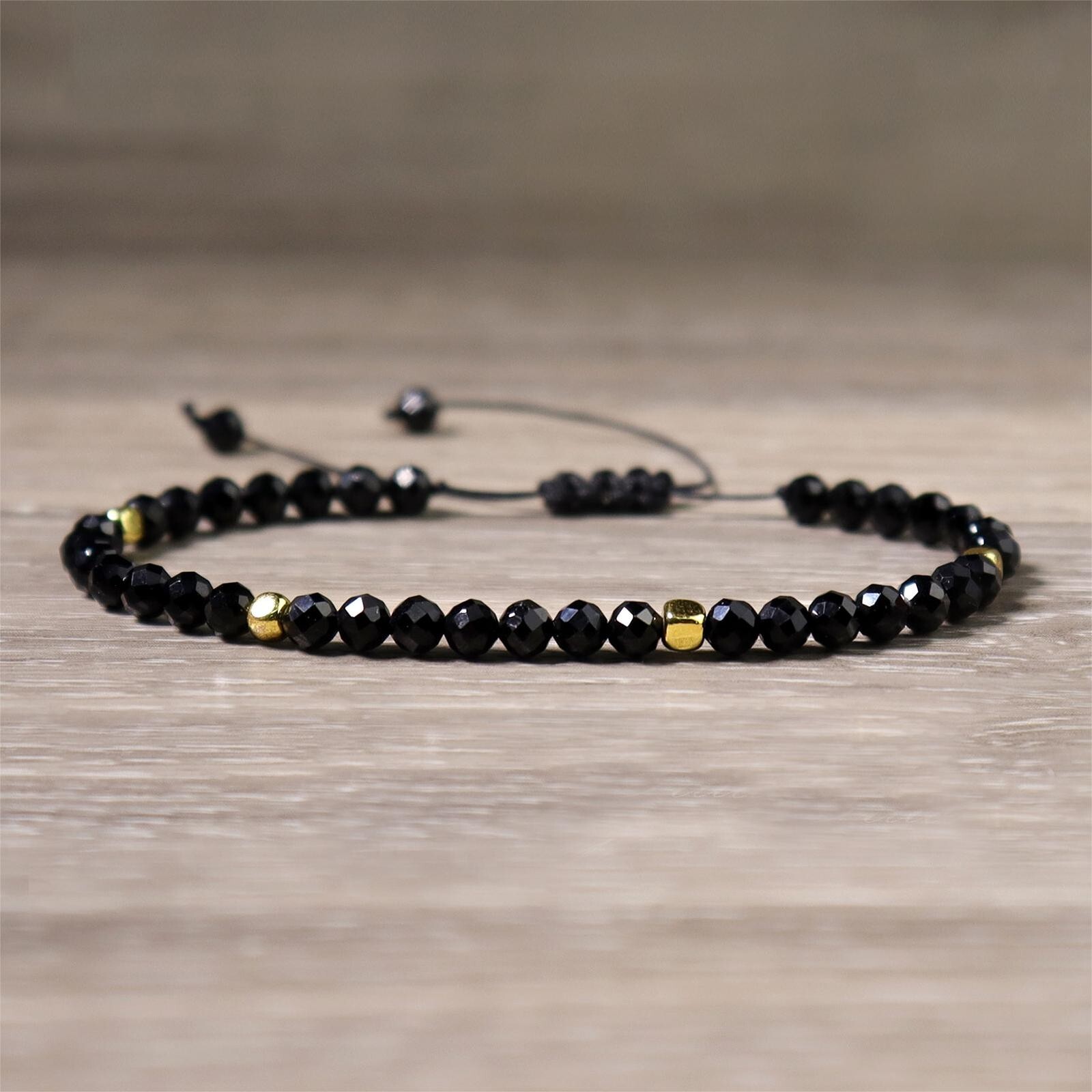 3mm Black Spinel Crystal Gemstone Beaded Dainty Bracelet Healing Energy Gift