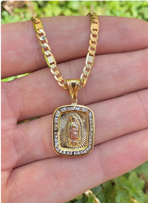 Virgencita de Guadalupe Necklace 24″ Pendant 14K Gold Filled Mens Cadena Hombres
