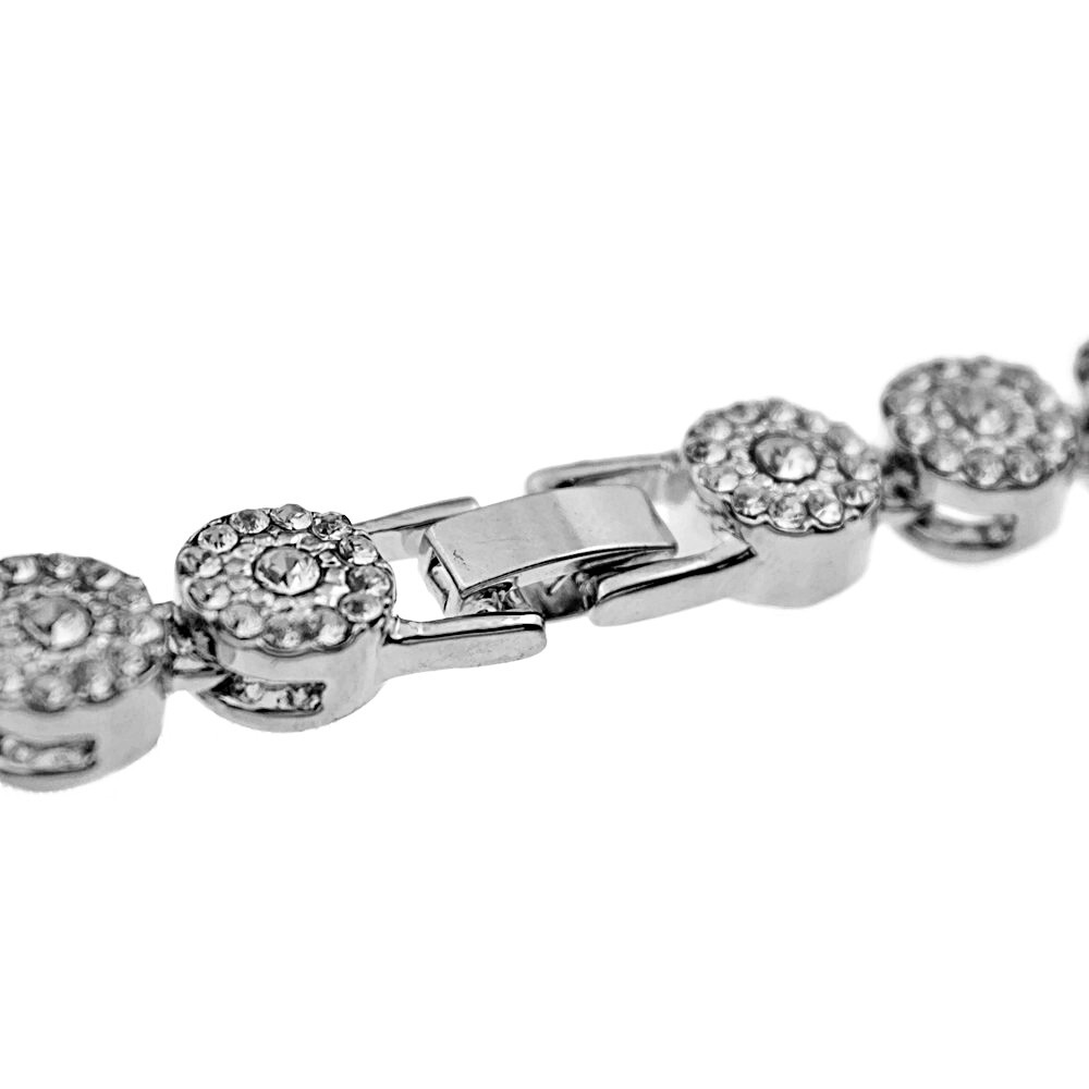 Men’s Flower Cluster Chain Simulated CZ Iced Flooded Out One Row Silver Tone 36″