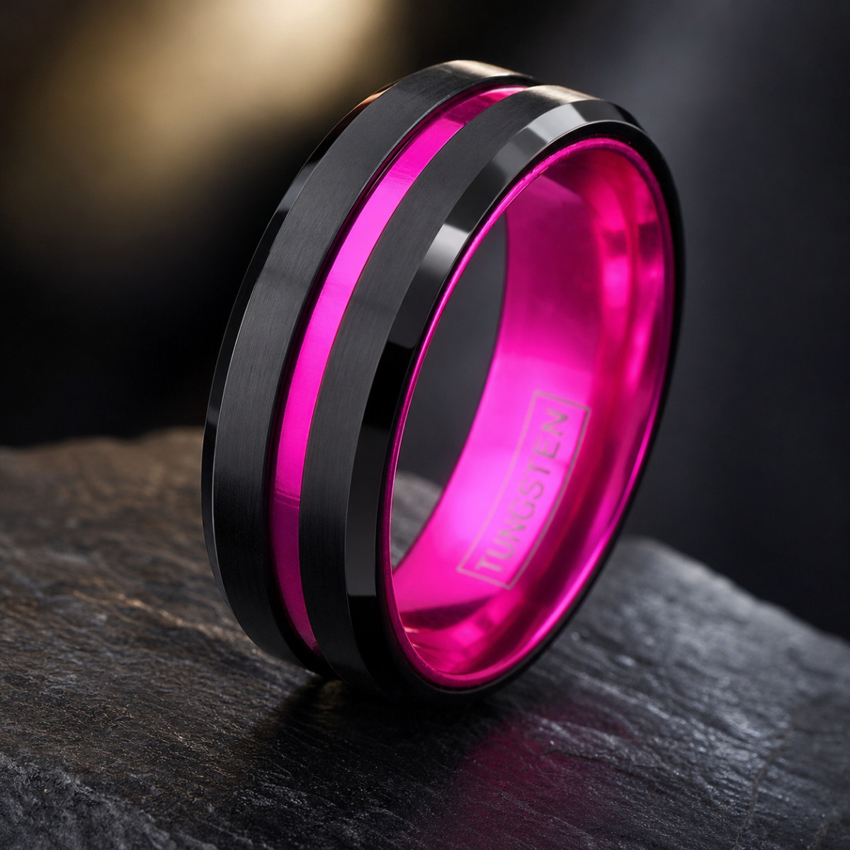 8mm Black Tungsten Mens Pink Stripe Wedding Band Ring Size 10 Breast Cancer