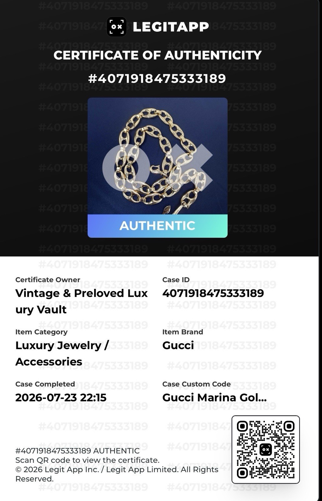 Gucci Mariner Chain Link Belt / Necklace, Anchor Charm, Gold Tone, W Box, COA