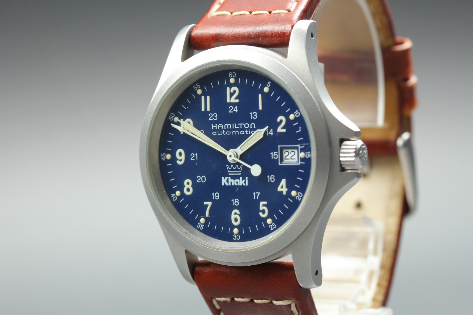 [EXC+5] Hamilton 9823 Khaki King Mark Crown Logo Date Navy Dial AT Men’s Watch
