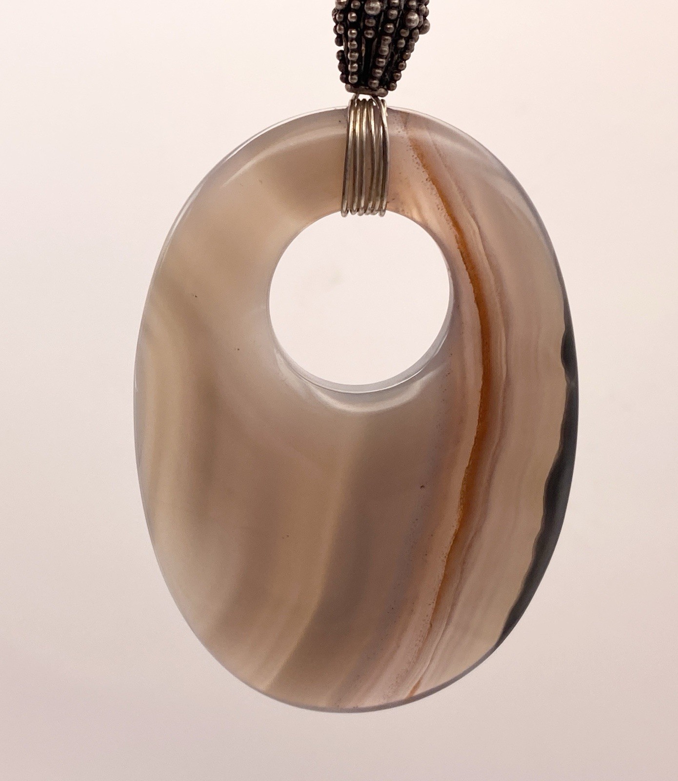 Agate Donut Pendant Necklace Large Oval Striped White Purple Brown Stone