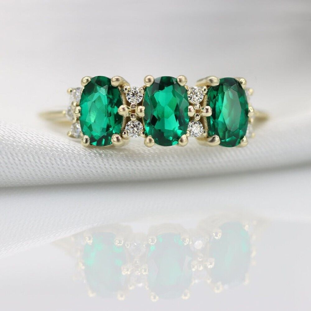 Green Emerald Wedding Ring 14K Yellow Gold Certified 1.35 Ct Lab Created Diamond