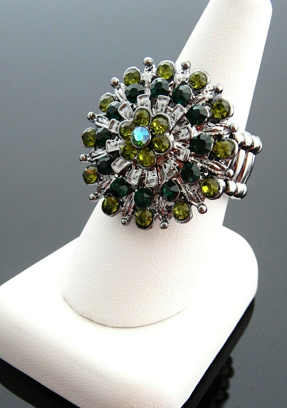 Green Crystal Rhinestone Statement Ring – Stretch Silver Cocktail Cha Cha Flowe