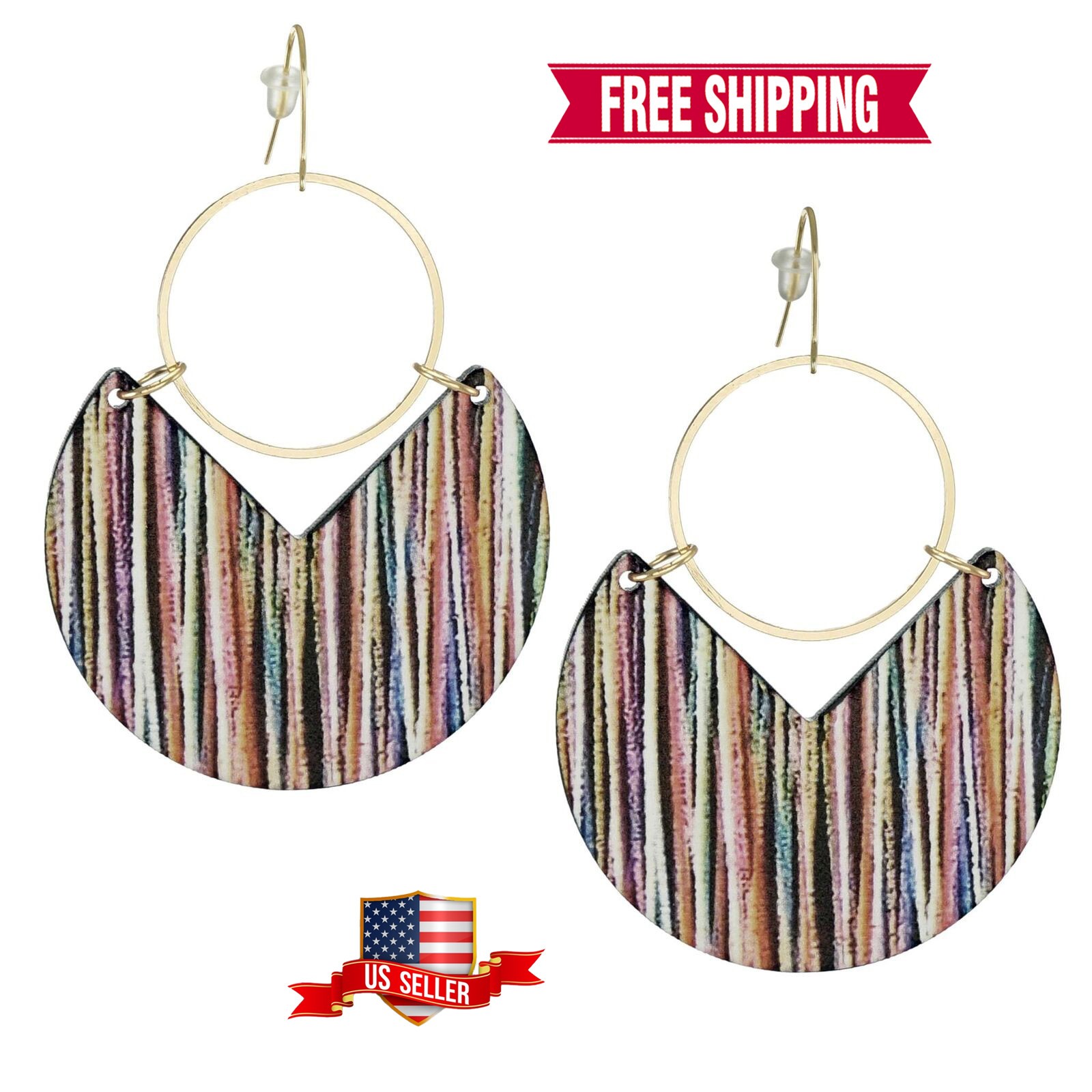 Beautiful Multi-Color Striped Boho Statement Hoop Lightweight Earrings 18K Wires