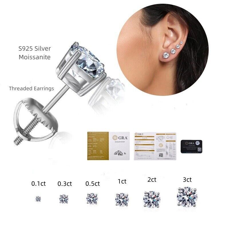 5/6.5/8 mm Round Cut VVS1 Certified GRA Moissanite Stud Earrings PUSH/SCREW-BACK