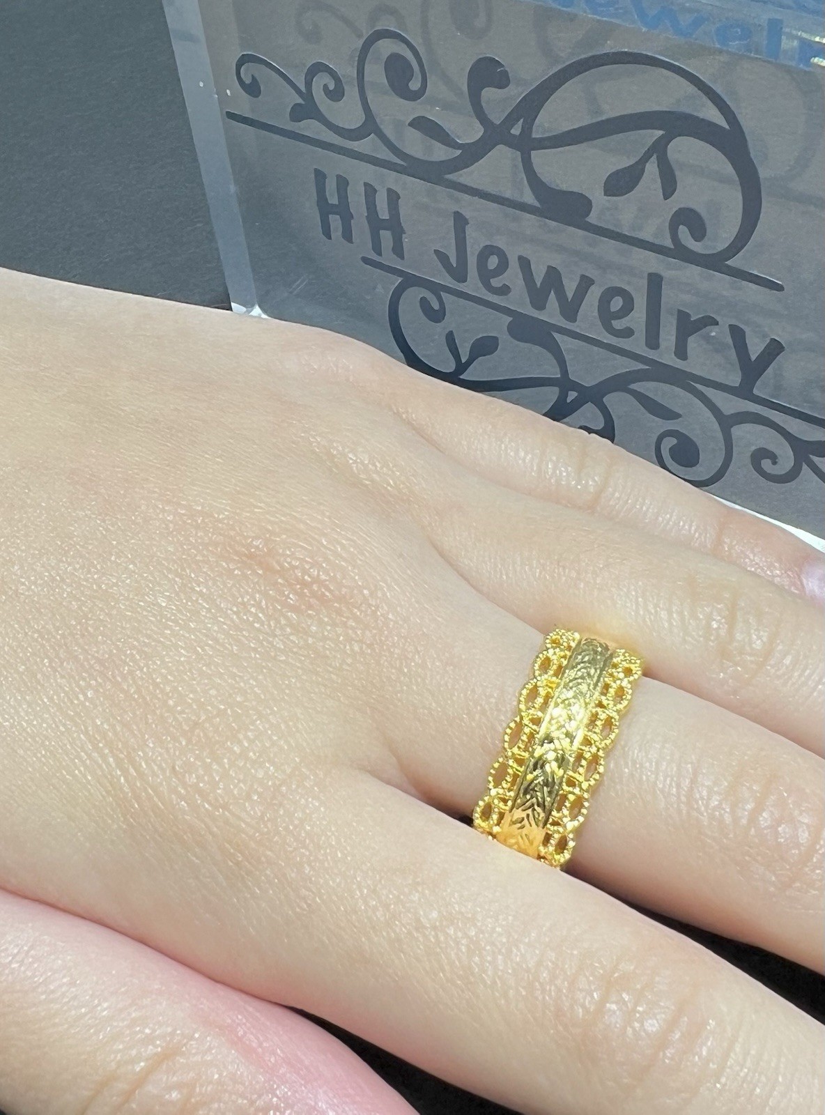24K Yellow Gold Hollow Wide Diamond Cut Infinity Eternity Ring Band