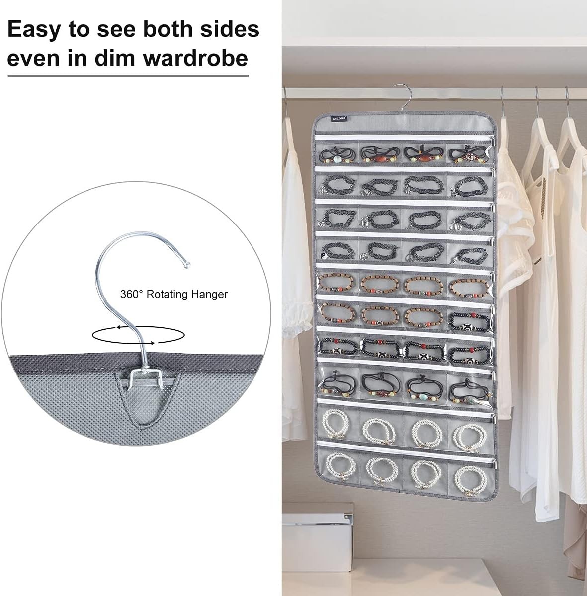 80 zippered pockets hanging jewelry organizer for storing jewelry