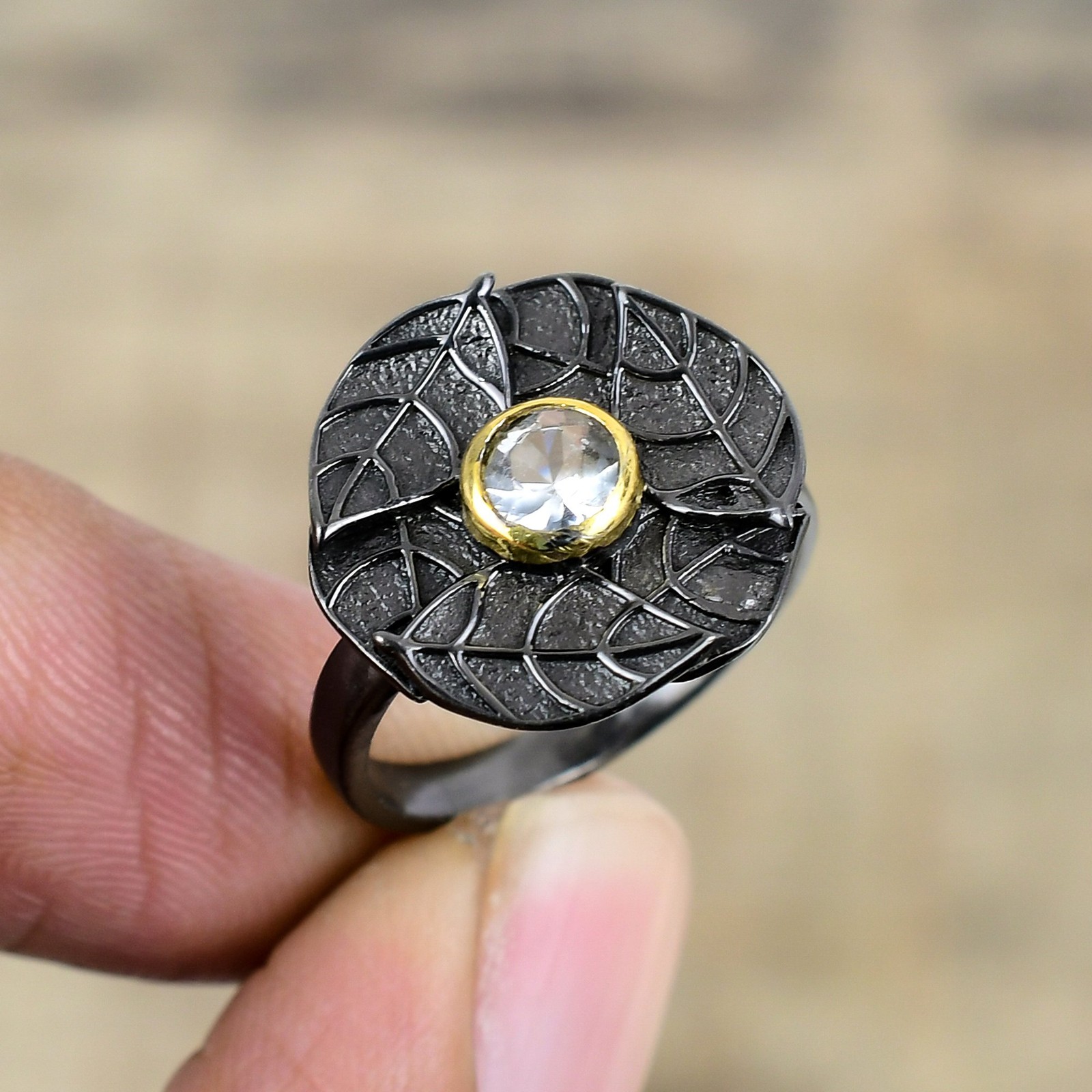 White Topaz Black And Gold Plated 925 Sterling Silver Ring S.7 R87236
