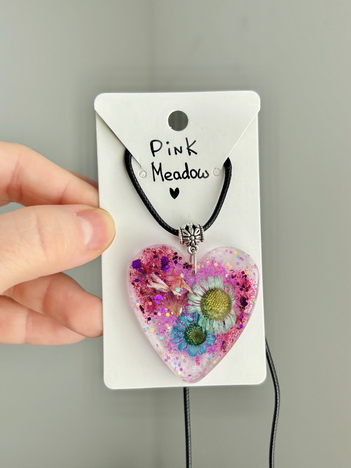 Pink Meadow Resin Heart Necklace Handmade Dried Flower Pink Pendant