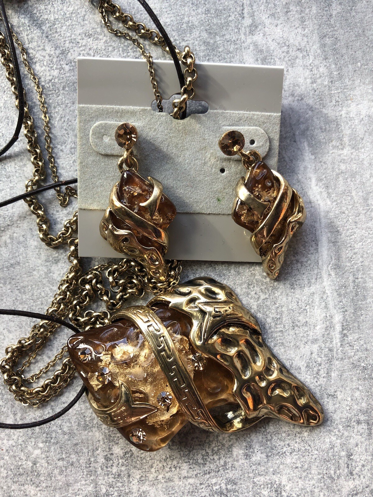 Art Deco Faux Amber Goldtone Greek Key Necklace and Earring Set Free Form