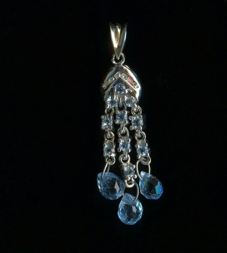 10K 1.79 Gram 34mm Solid White Gold Pear Blue Topaz Natural Diamond Pendant *RH