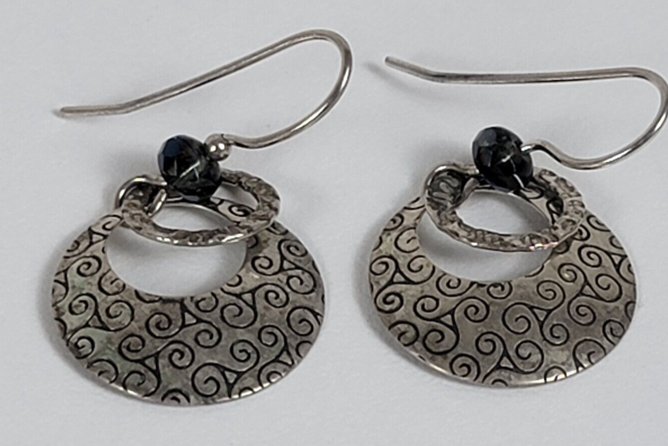 Vtg. Sterling Silver Double Hoop Dangle Earrings W/ Tiny Blue Stone 0.75 In