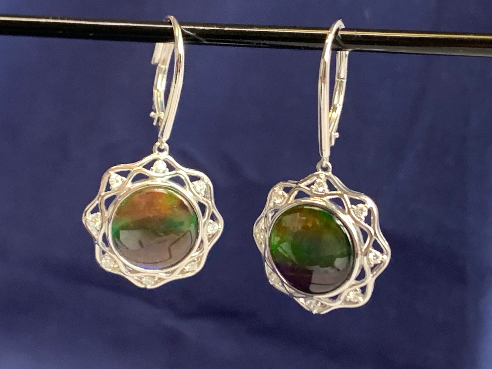 14K White Gold Iridescent Ammolite Earrings 9.54g Jewelry Clear Stones *READ*